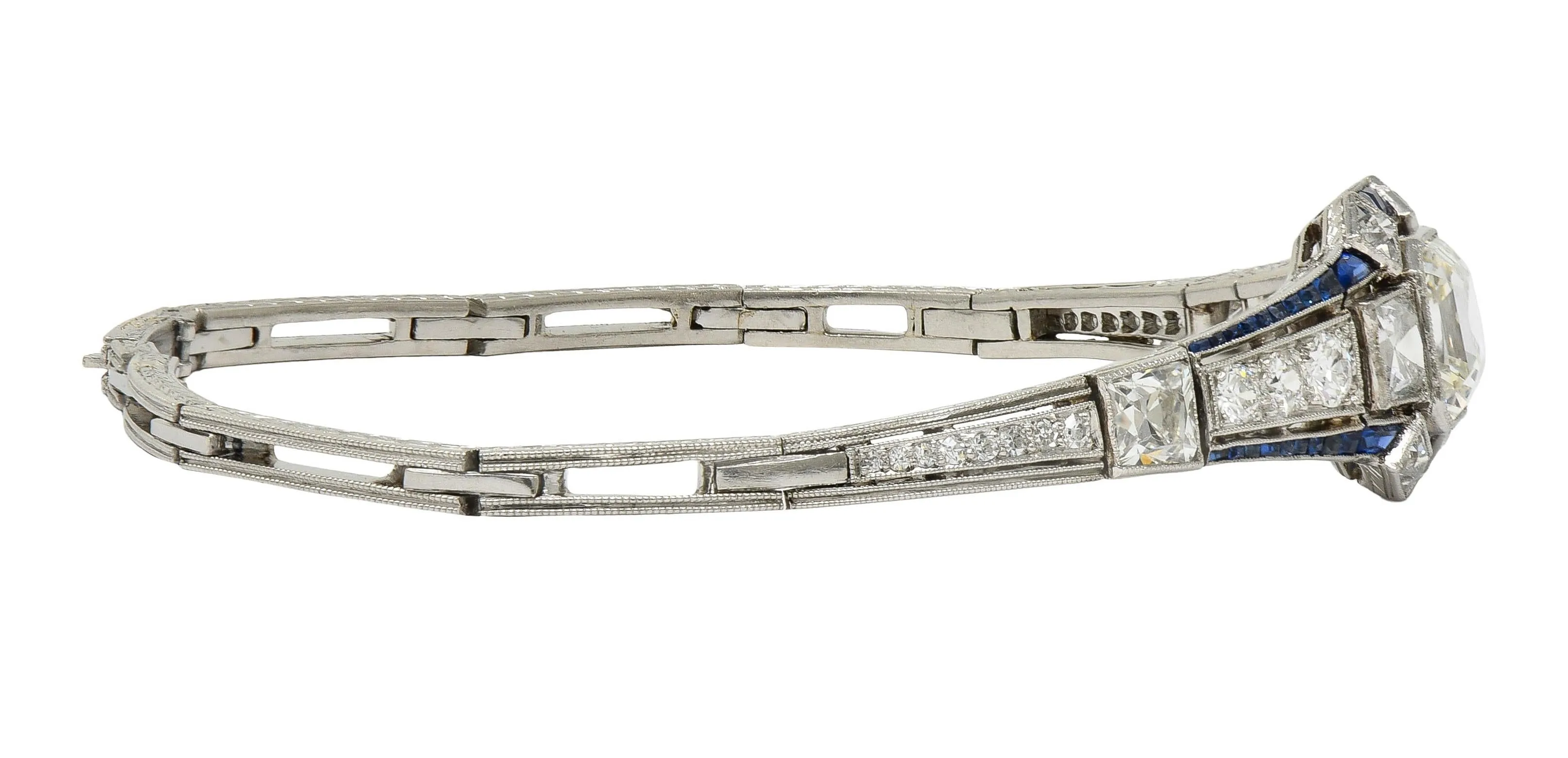 Art Deco 7.32 CTW Asscher Diamond Sapphire Platinum Wheat Vintage Panel Link Line Bracelet