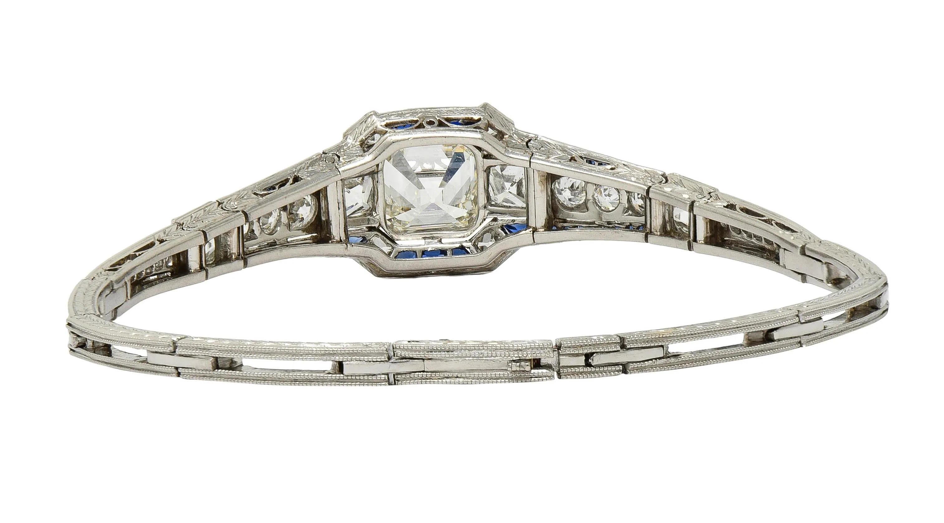 Art Deco 7.32 CTW Asscher Diamond Sapphire Platinum Wheat Vintage Panel Link Line Bracelet