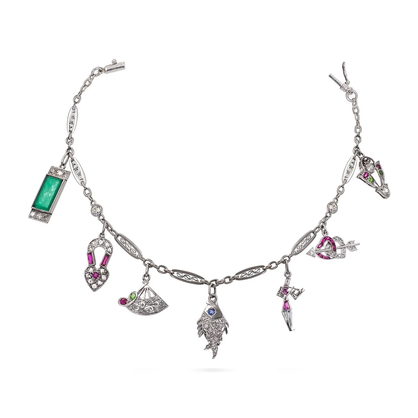 Art Deco Diamond & Gemstone Charm Bracelet
