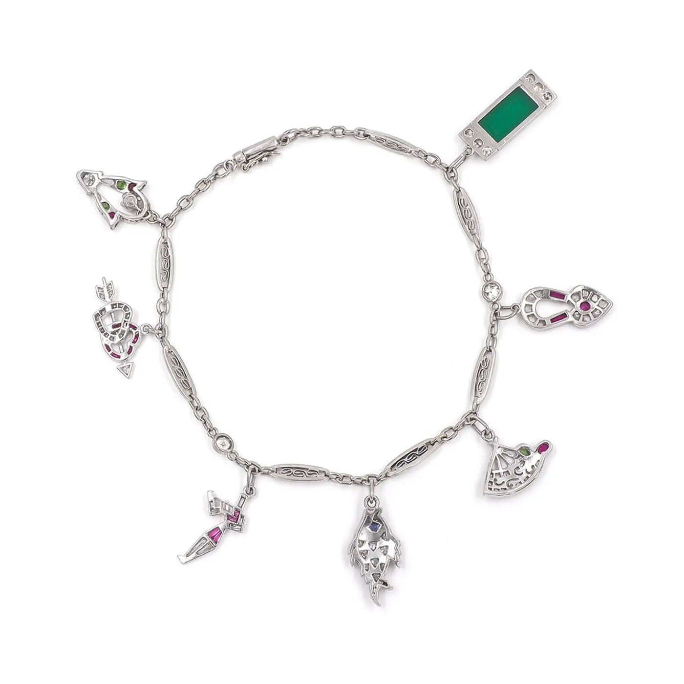 Art Deco Diamond & Gemstone Charm Bracelet