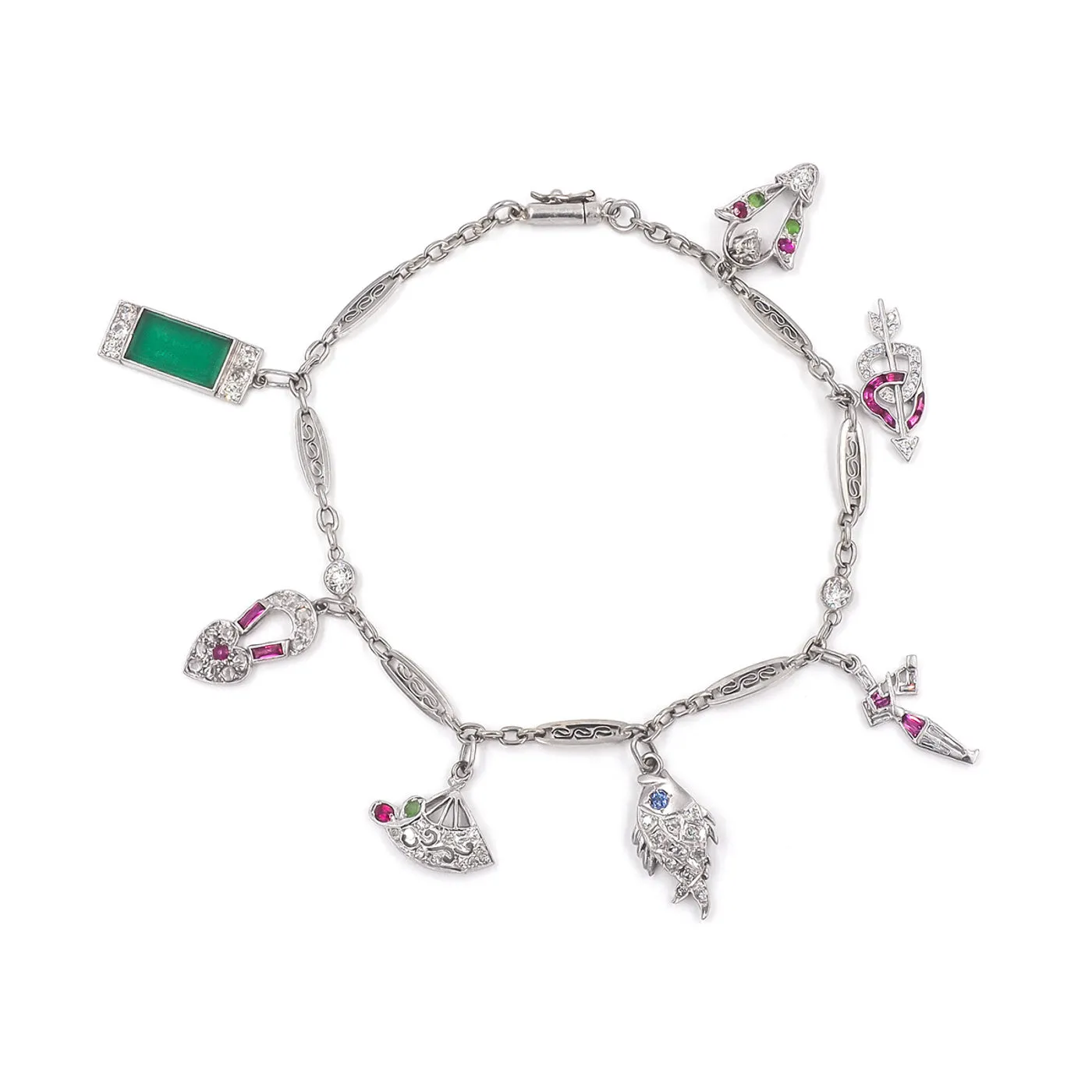 Art Deco Diamond & Gemstone Charm Bracelet