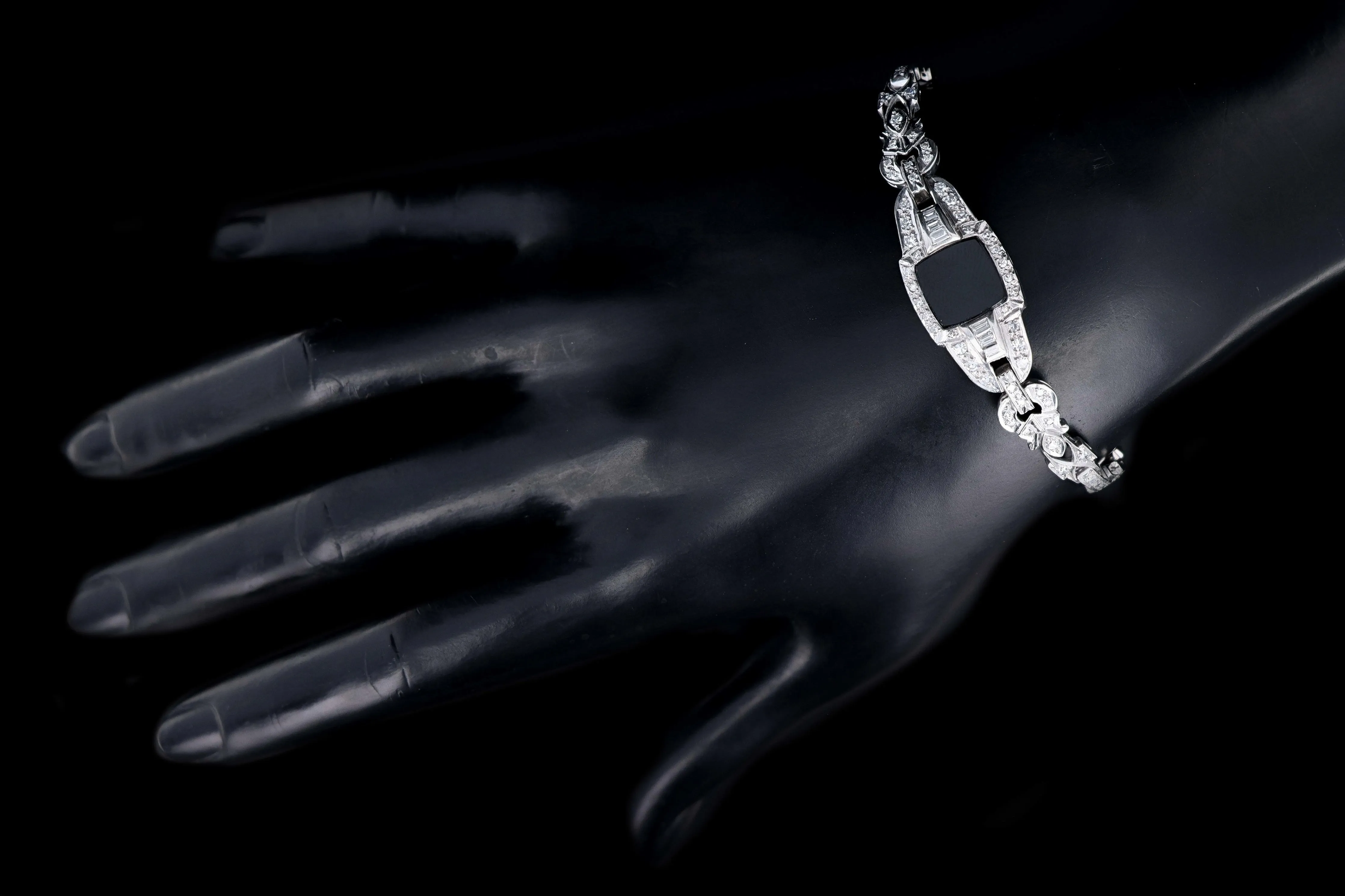 Art Deco Platinum Black Onyx & Diamond Watch Conversion Bracelet