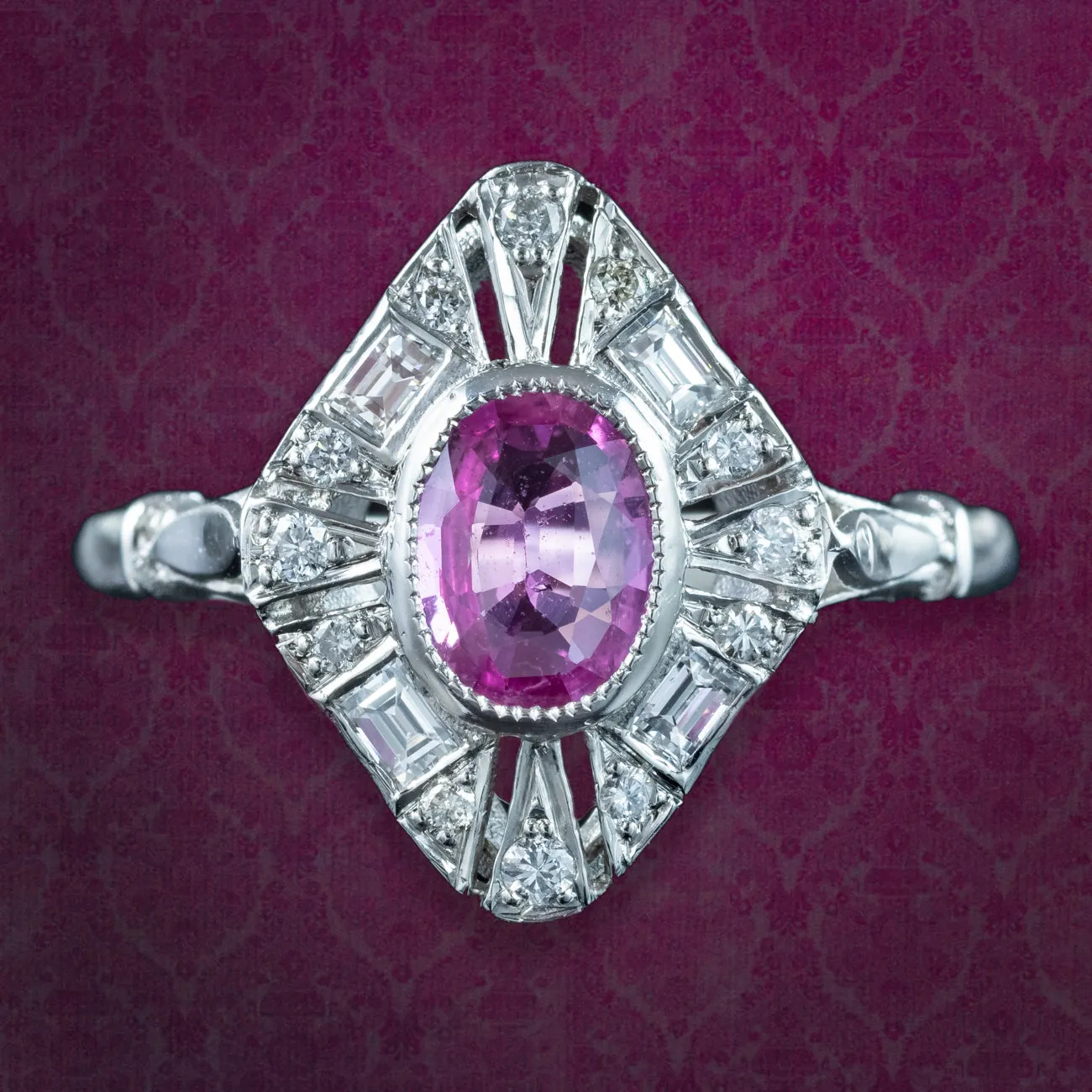 Art Deco Style Pink Sapphire Diamond Cluster Ring 0.80ct Sapphire