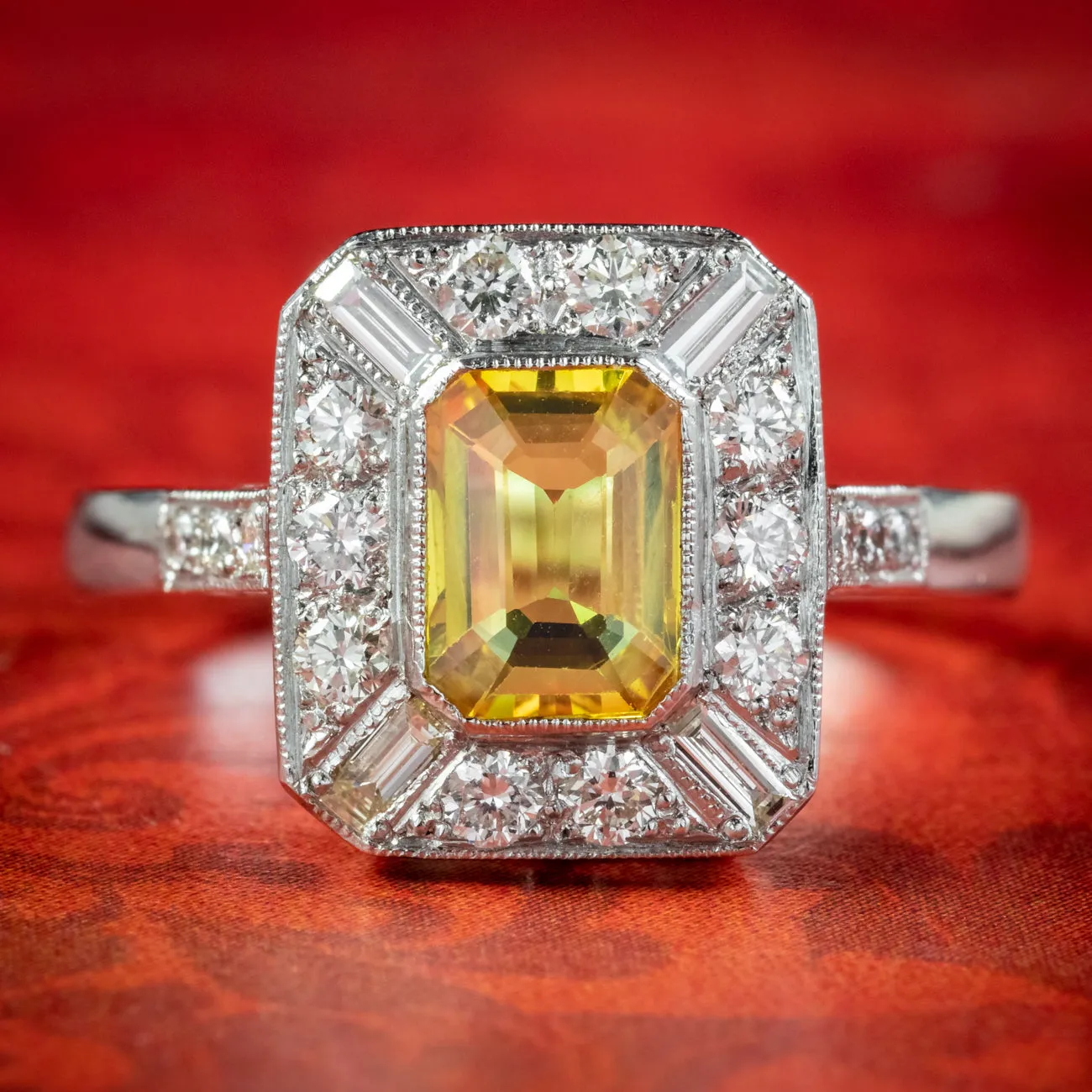 Art Deco Style Yellow Sapphire Diamond Ring 1.30ct Sapphire