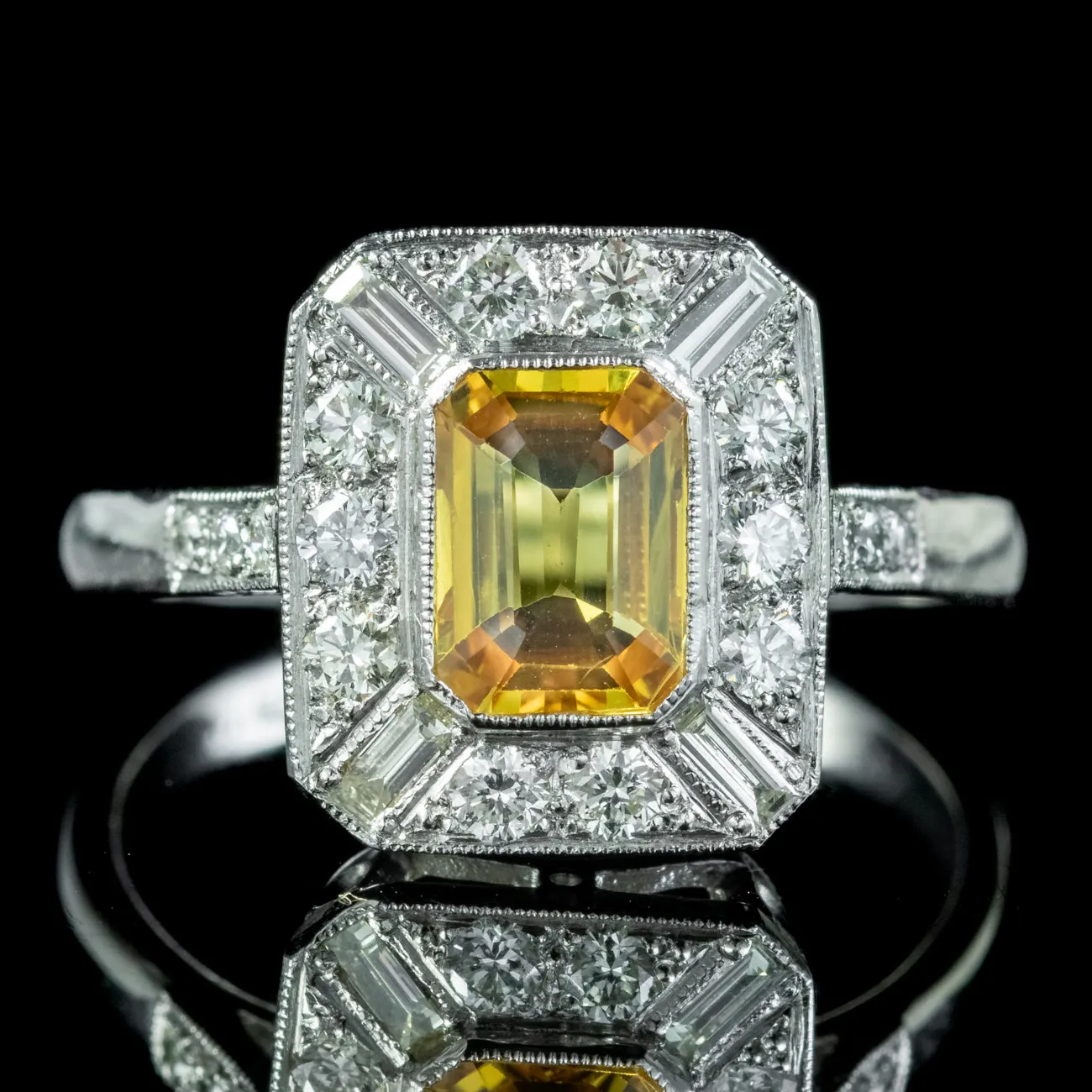 Art Deco Style Yellow Sapphire Diamond Ring 1.30ct Sapphire