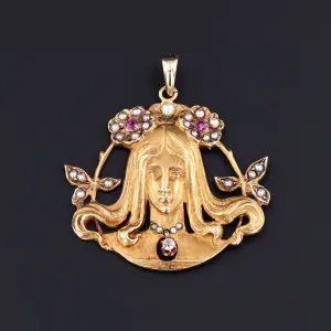 Art Nouveau Woman Pendant of 14k Gold