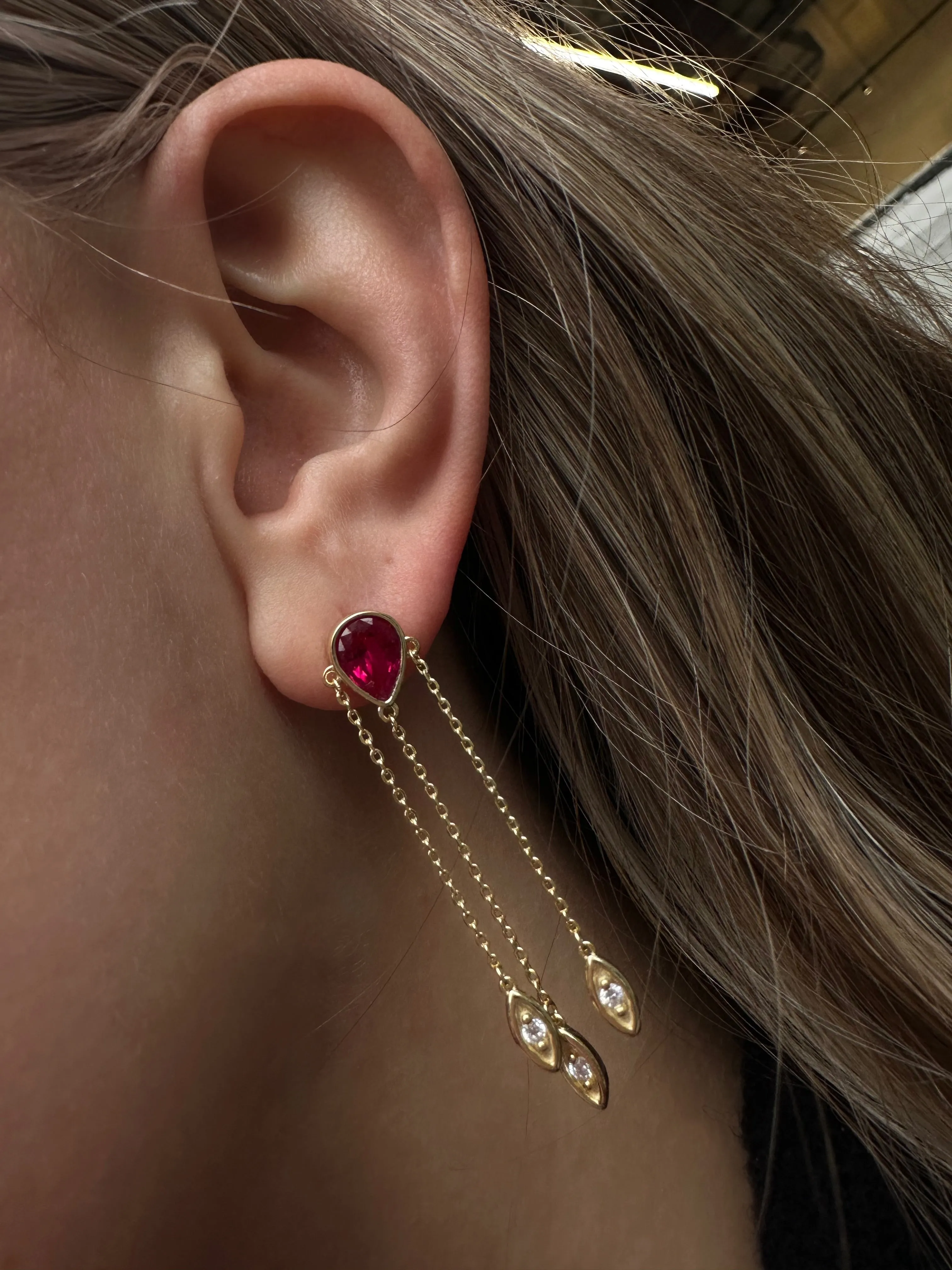 Bezel Tourmaline Pear Chain Drop Earring