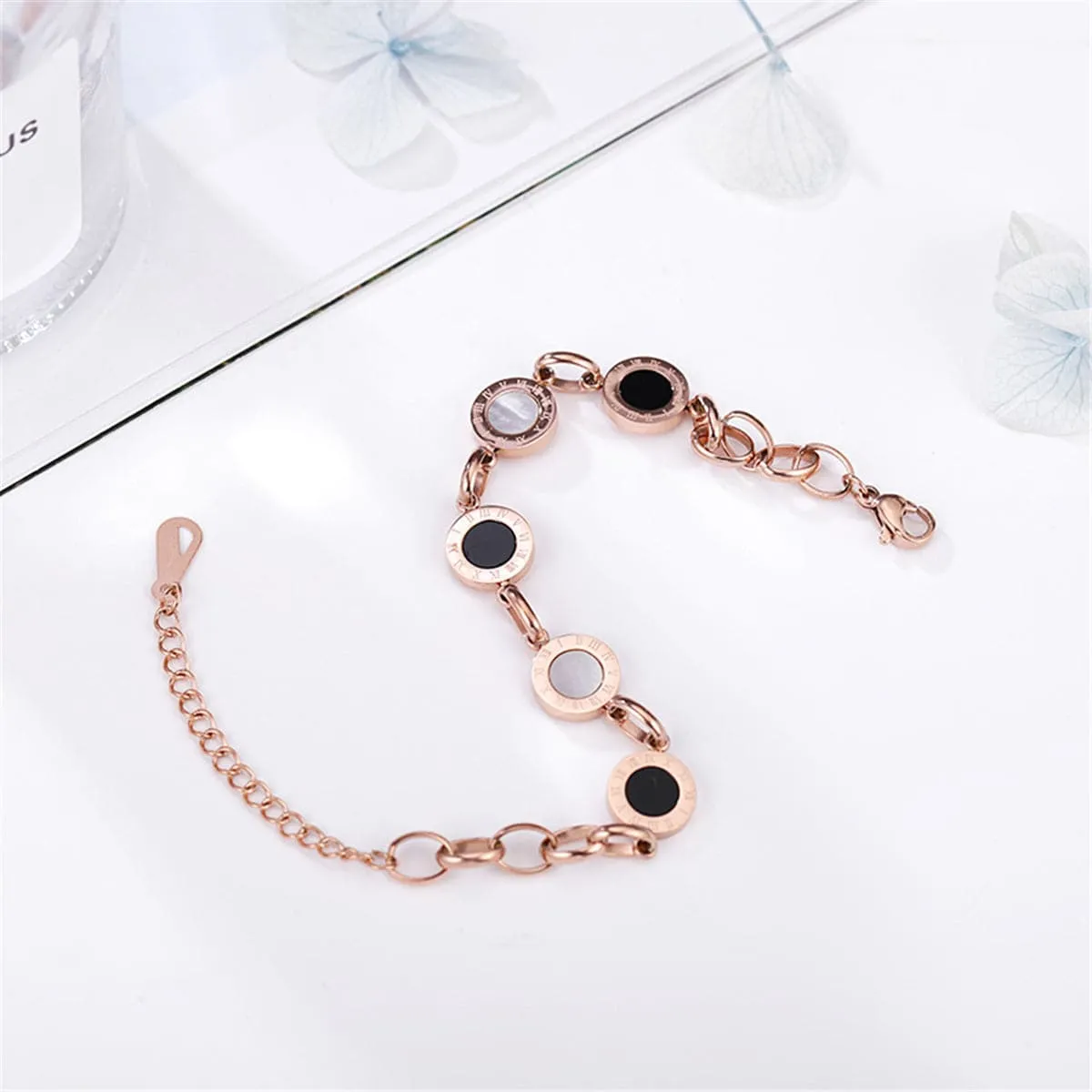 Black & 18K Rose Gold-Plated Roman Numeral Plate Station Bracelet