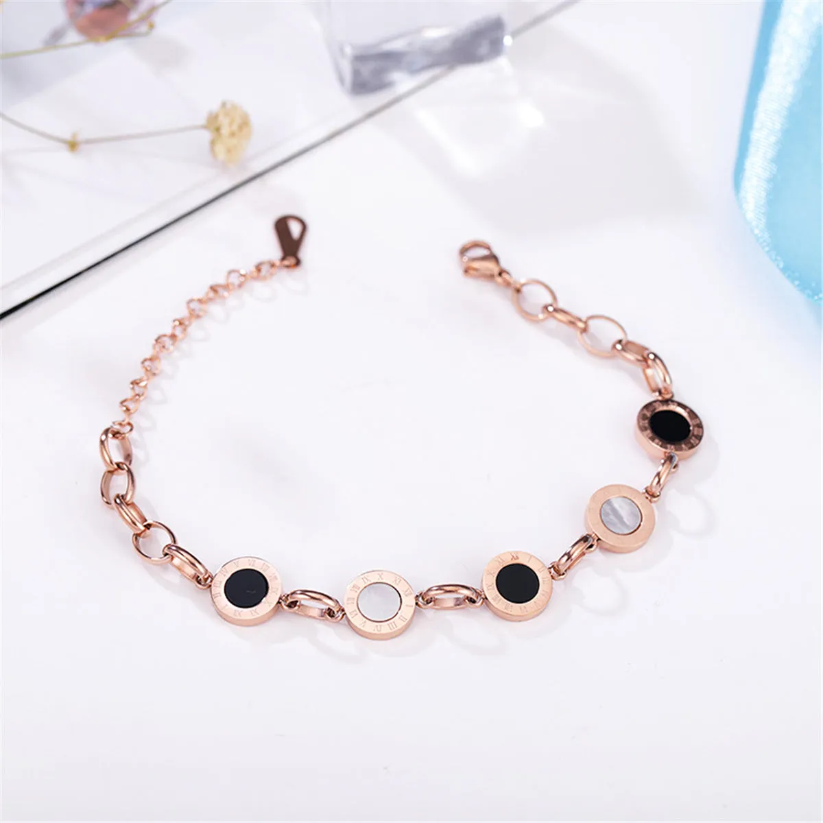 Black & 18K Rose Gold-Plated Roman Numeral Plate Station Bracelet