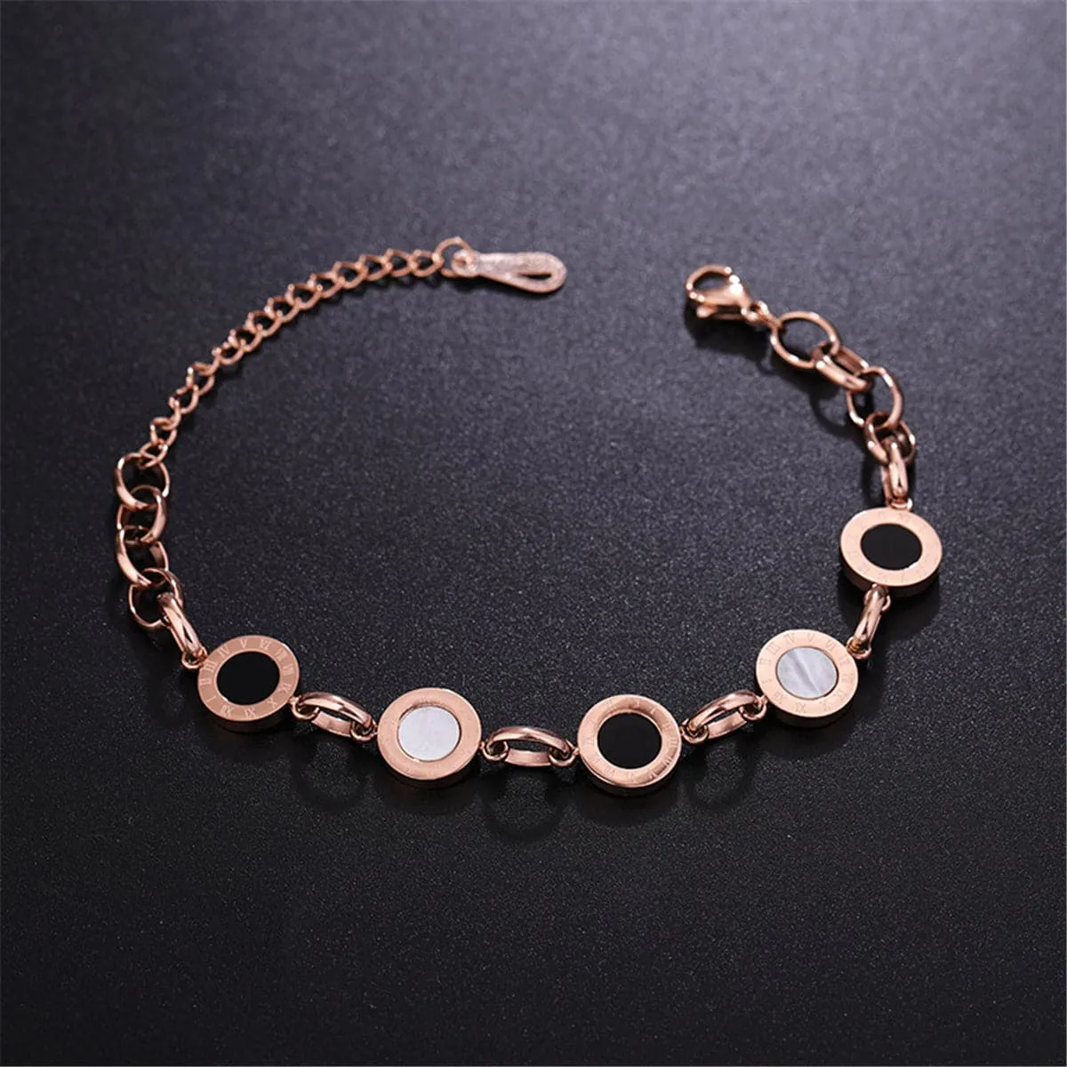 Black & 18K Rose Gold-Plated Roman Numeral Plate Station Bracelet