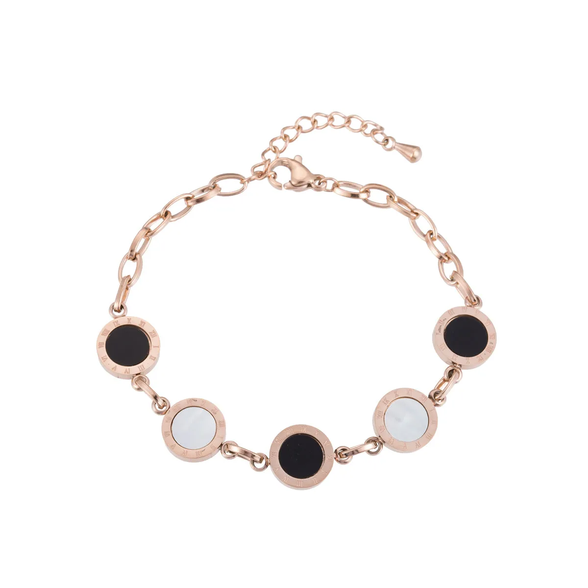 Black & 18K Rose Gold-Plated Roman Numeral Plate Station Bracelet