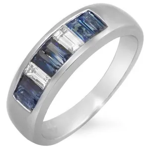 Blue Sapphire & Baguette Diamond in 18k White Gold Ring