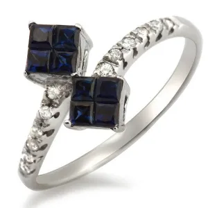 Blue Sapphire & Diamond Swirl Design Ring, 18k White Gold