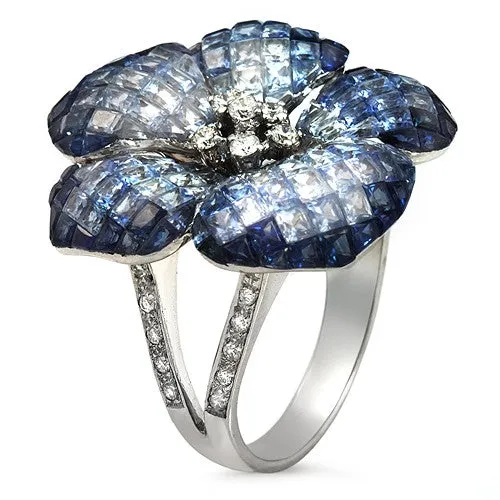 Blue Sapphire And Diamond Floral Ring, 18k White Gold