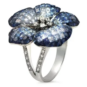 Blue Sapphire And Diamond Floral Ring, 18k White Gold
