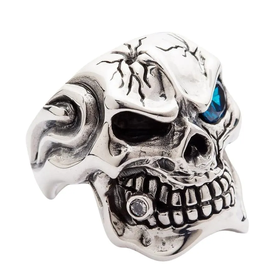 Blue Topaz Eye Mafia Sterling Silver Skull Ring