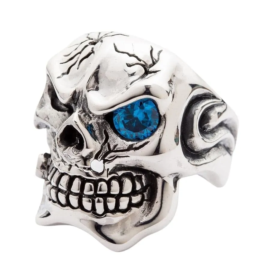 Blue Topaz Eye Mafia Sterling Silver Skull Ring
