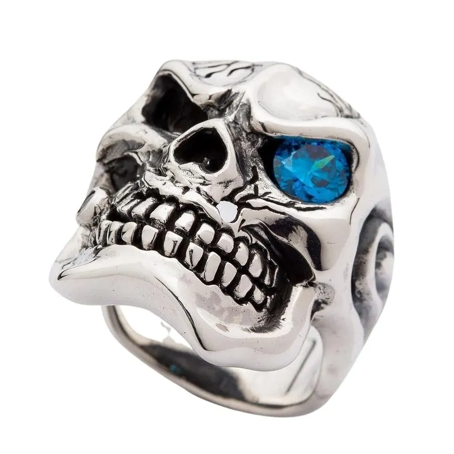 Blue Topaz Eye Mafia Sterling Silver Skull Ring