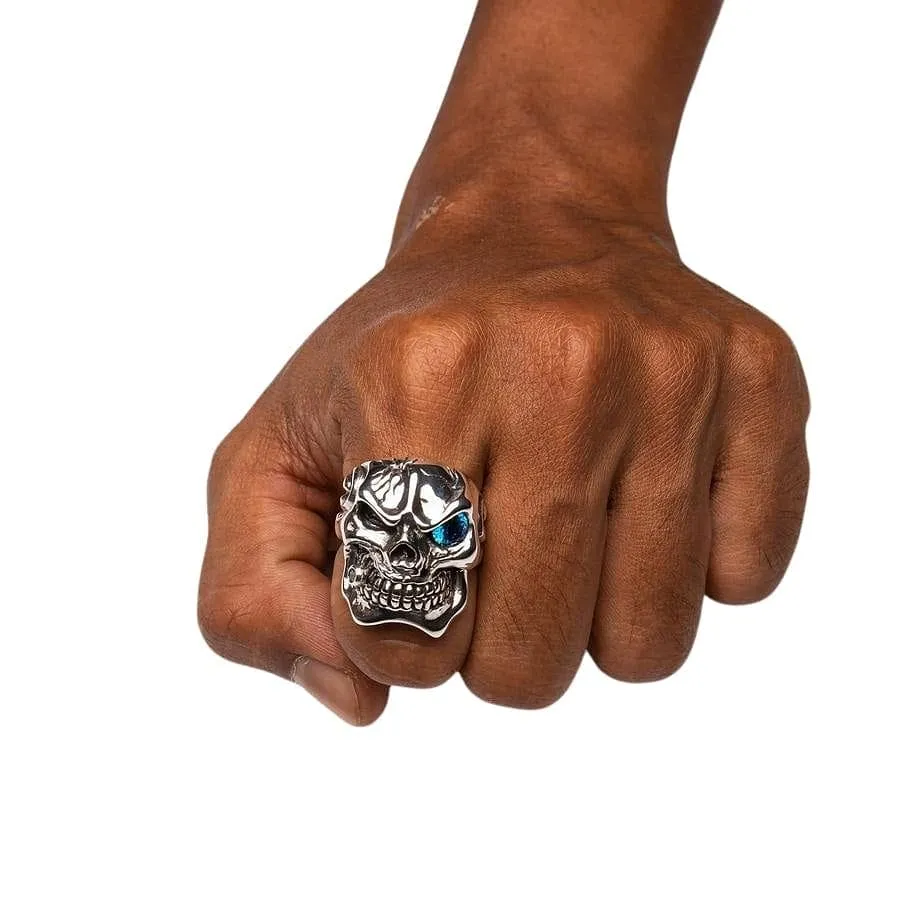 Blue Topaz Eye Mafia Sterling Silver Skull Ring