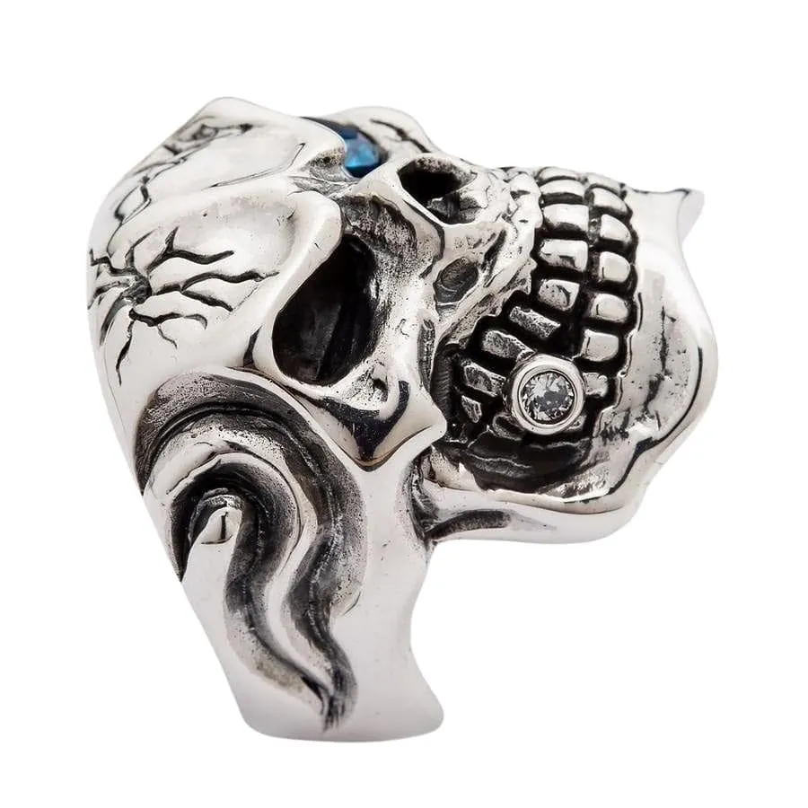 Blue Topaz Eye Mafia Sterling Silver Skull Ring