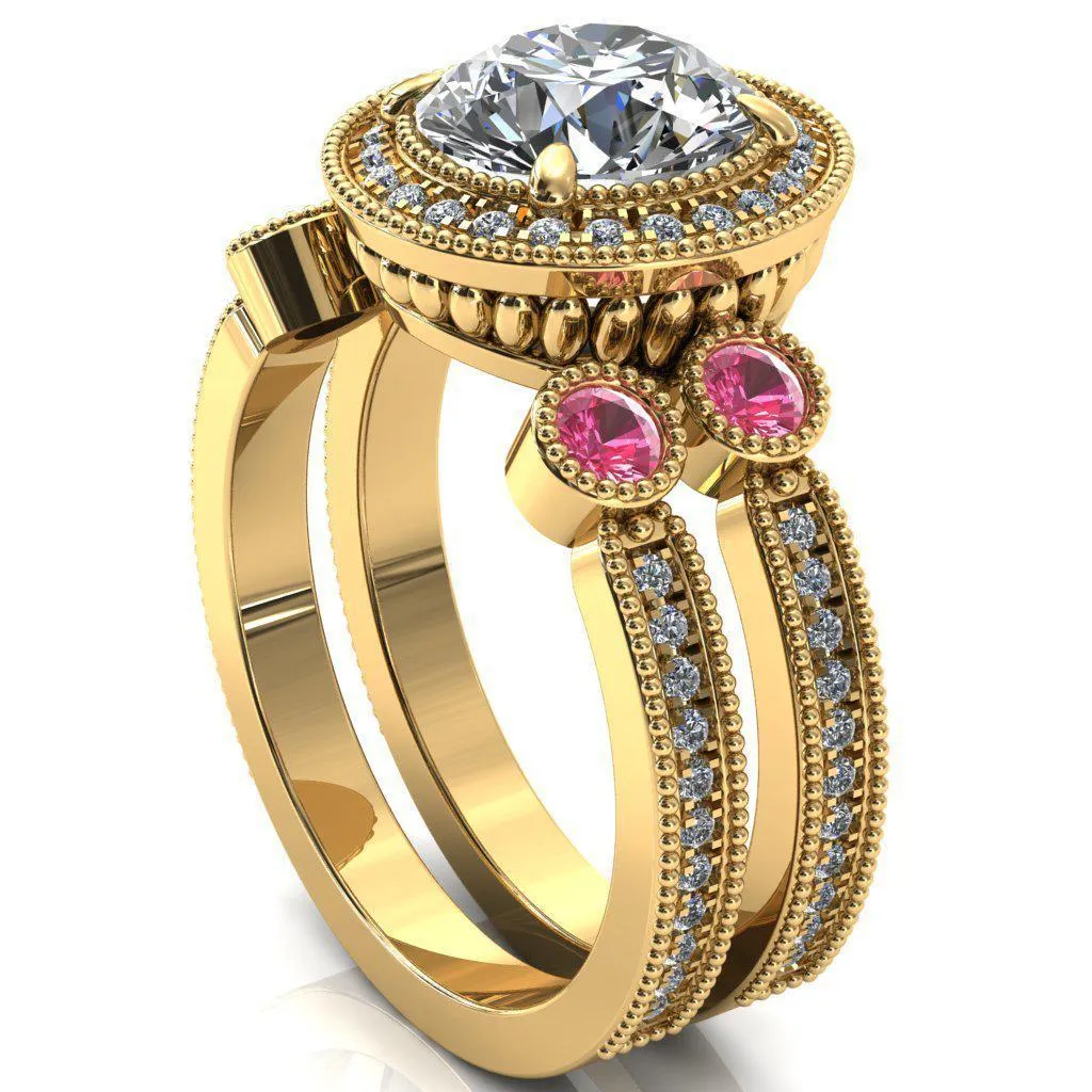 Brachium Round Center Stone Pink Sapphire Bezel Milgrain Halo 3/4 Eternity Accent Diamond Ring