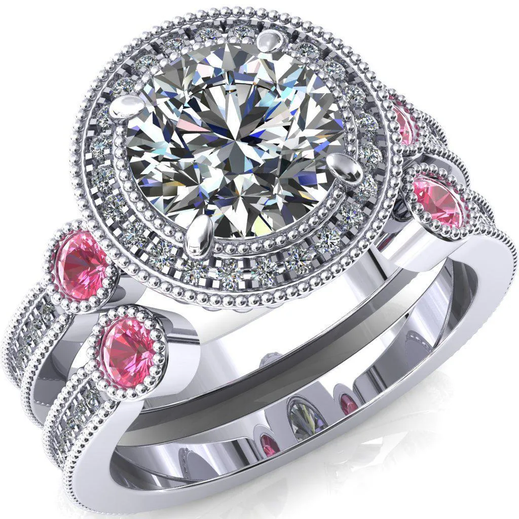 Brachium Round Center Stone Pink Sapphire Bezel Milgrain Halo 3/4 Eternity Accent Diamond Ring