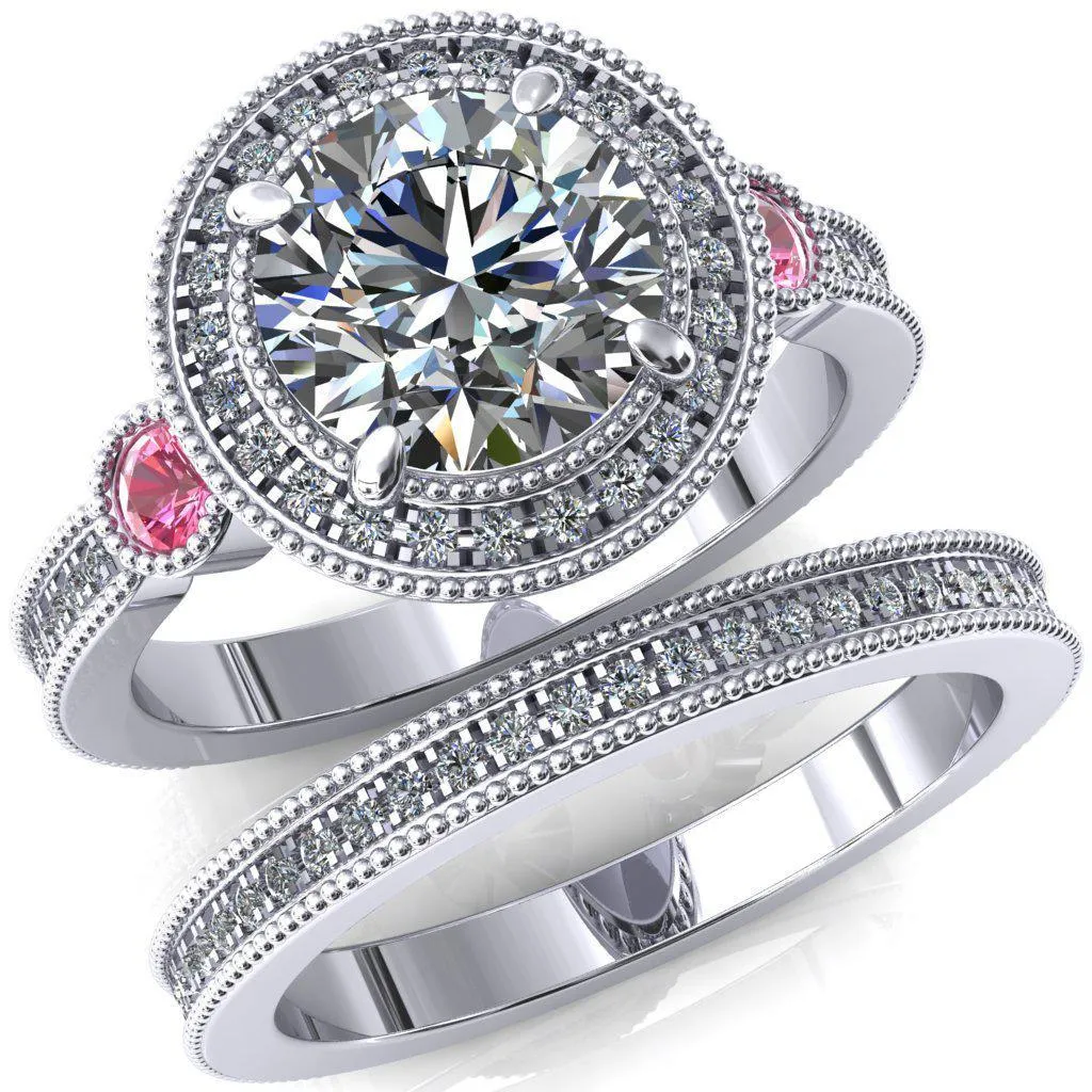 Brachium Round Center Stone Pink Sapphire Bezel Milgrain Halo 3/4 Eternity Accent Diamond Ring