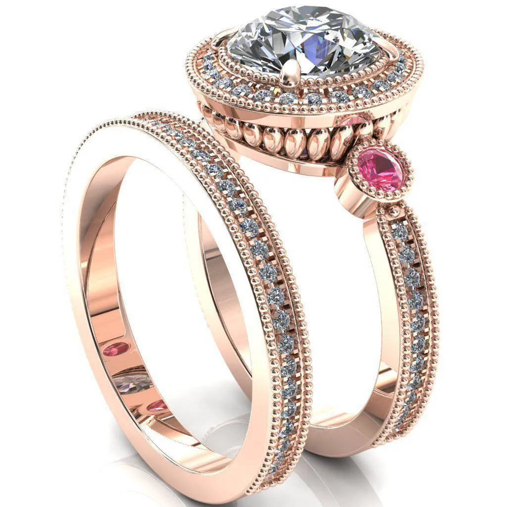 Brachium Round Center Stone Pink Sapphire Bezel Milgrain Halo 3/4 Eternity Accent Diamond Ring