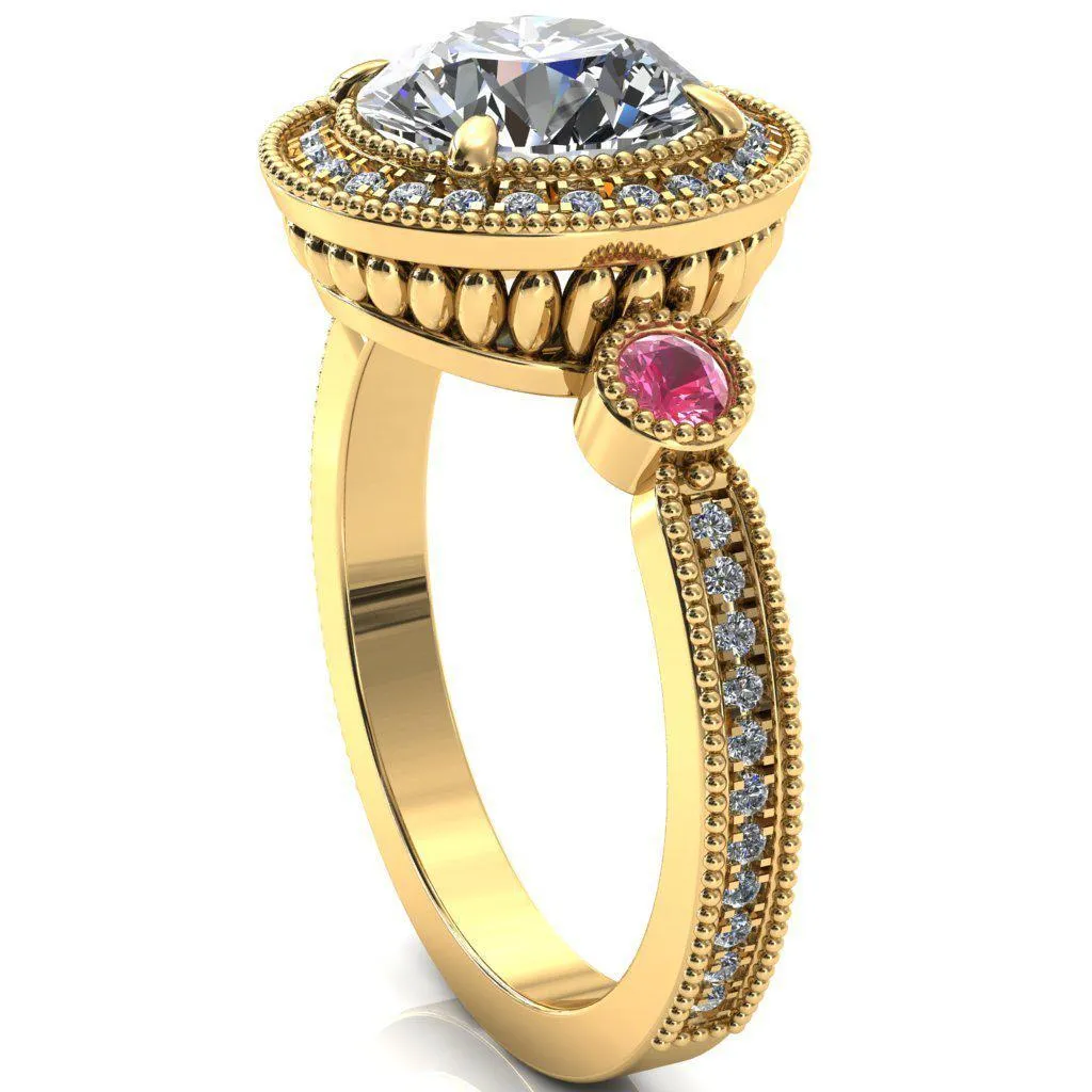 Brachium Round Center Stone Pink Sapphire Bezel Milgrain Halo 3/4 Eternity Accent Diamond Ring
