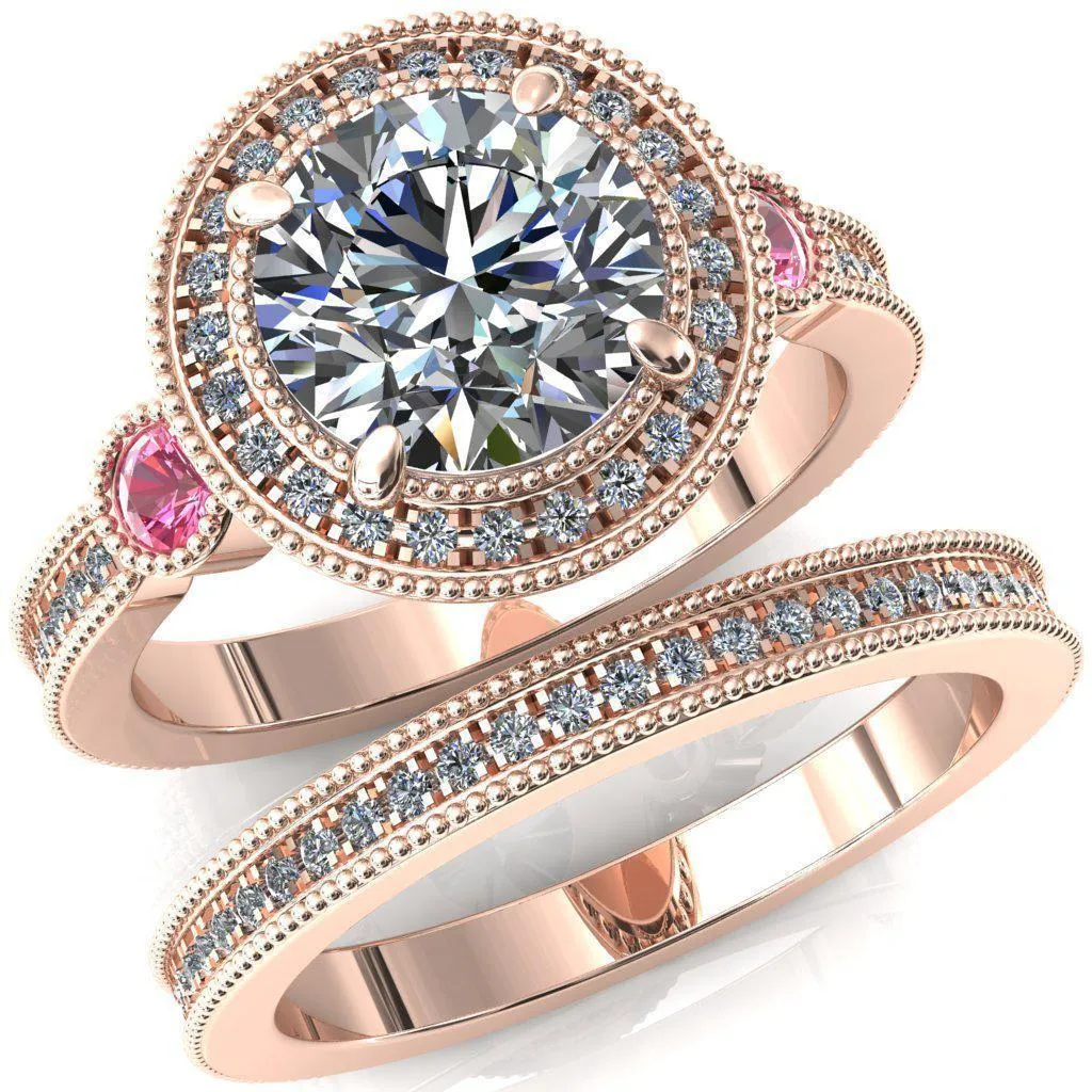 Brachium Round Center Stone Pink Sapphire Bezel Milgrain Halo 3/4 Eternity Accent Diamond Ring