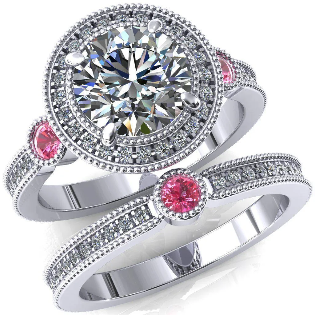 Brachium Round Center Stone Pink Sapphire Bezel Milgrain Halo 3/4 Eternity Accent Diamond Ring