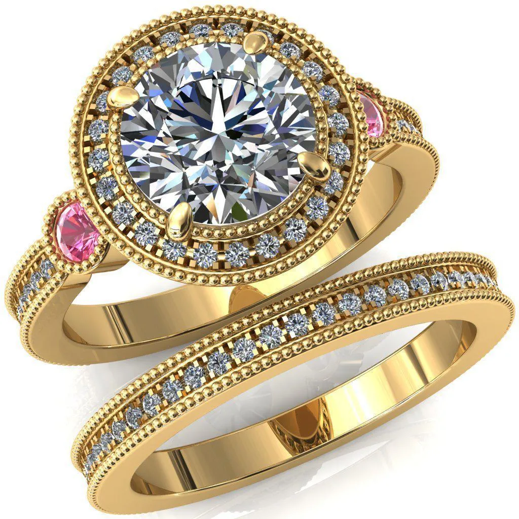Brachium Round Center Stone Pink Sapphire Bezel Milgrain Halo 3/4 Eternity Accent Diamond Ring