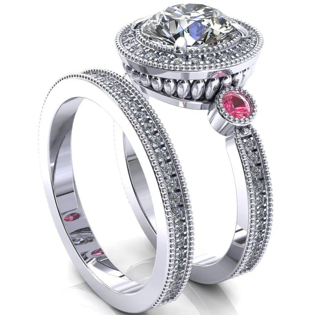 Brachium Round Center Stone Pink Sapphire Bezel Milgrain Halo 3/4 Eternity Accent Diamond Ring
