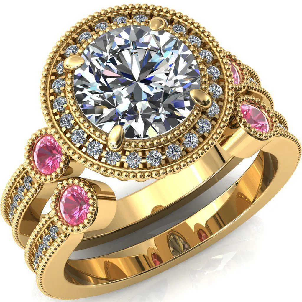 Brachium Round Center Stone Pink Sapphire Bezel Milgrain Halo 3/4 Eternity Accent Diamond Ring