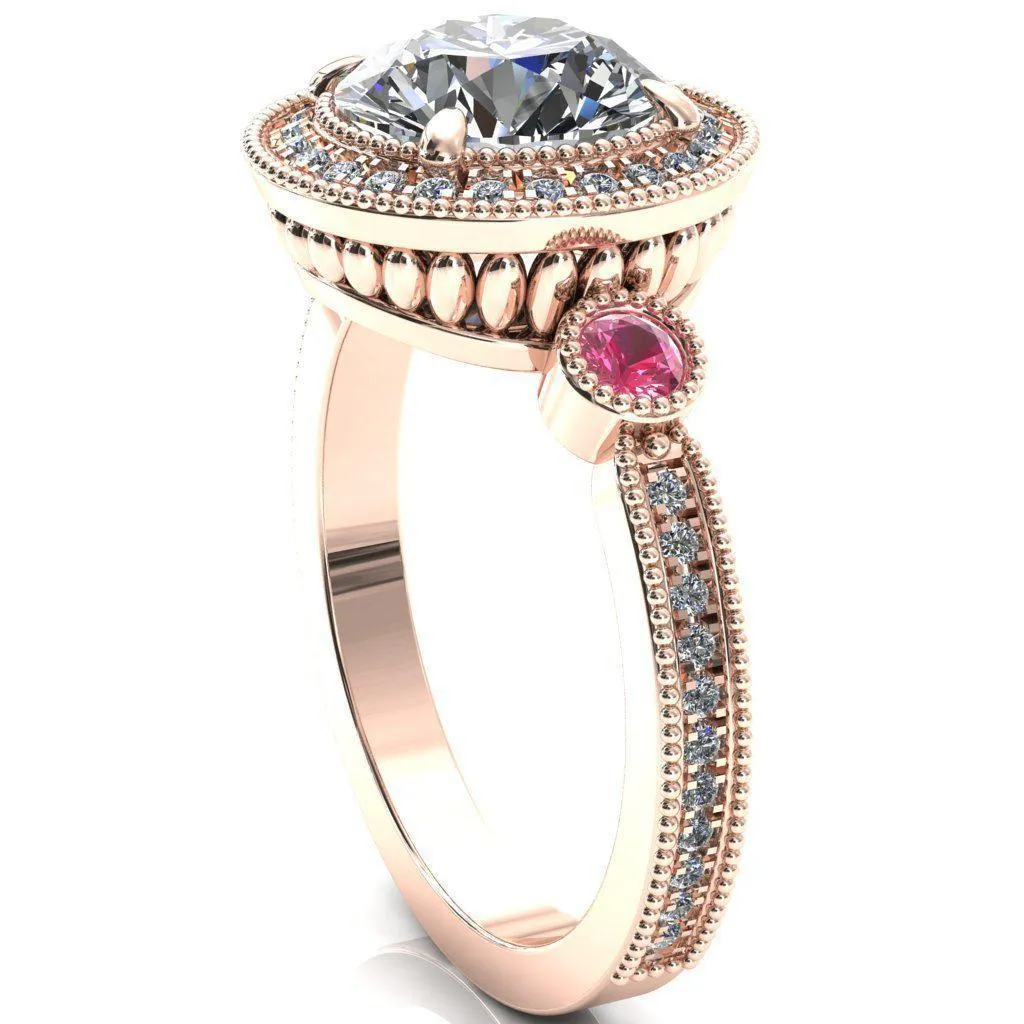 Brachium Round Center Stone Pink Sapphire Bezel Milgrain Halo 3/4 Eternity Accent Diamond Ring