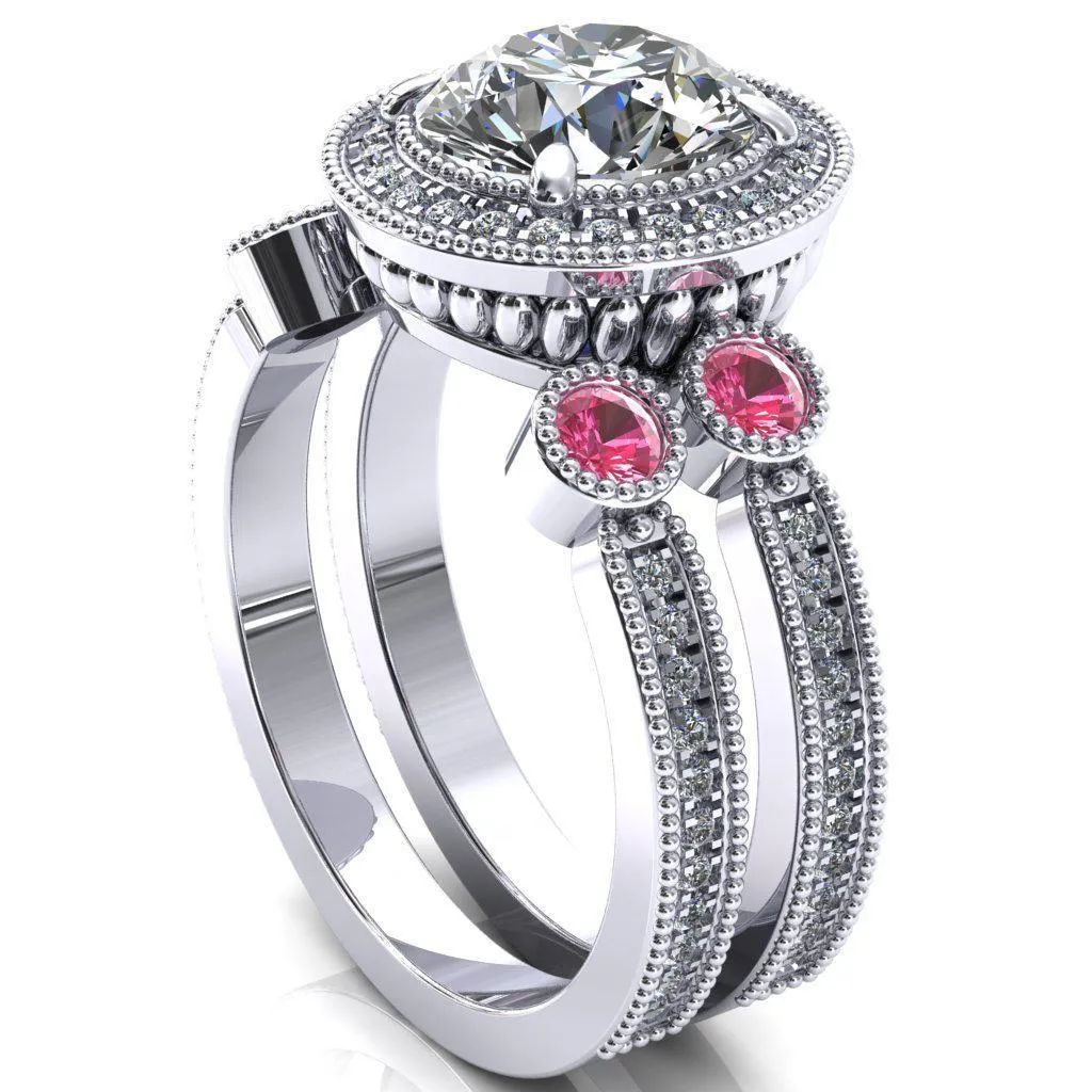 Brachium Round Center Stone Pink Sapphire Bezel Milgrain Halo 3/4 Eternity Accent Diamond Ring