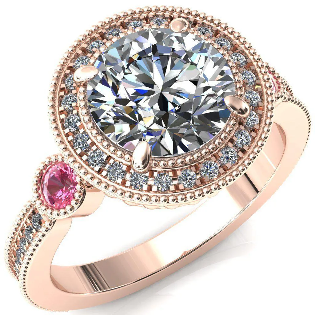 Brachium Round Center Stone Pink Sapphire Bezel Milgrain Halo 3/4 Eternity Accent Diamond Ring