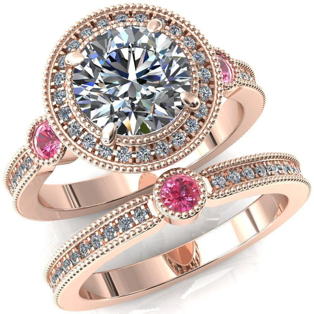 Brachium Round Center Stone Pink Sapphire Bezel Milgrain Halo 3/4 Eternity Accent Diamond Ring