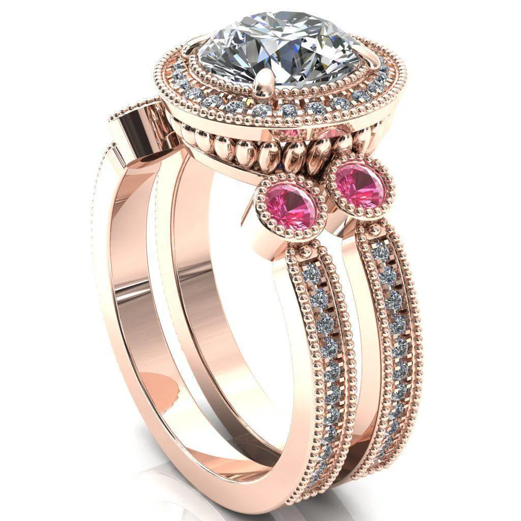 Brachium Round Center Stone Pink Sapphire Bezel Milgrain Halo 3/4 Eternity Accent Diamond Ring