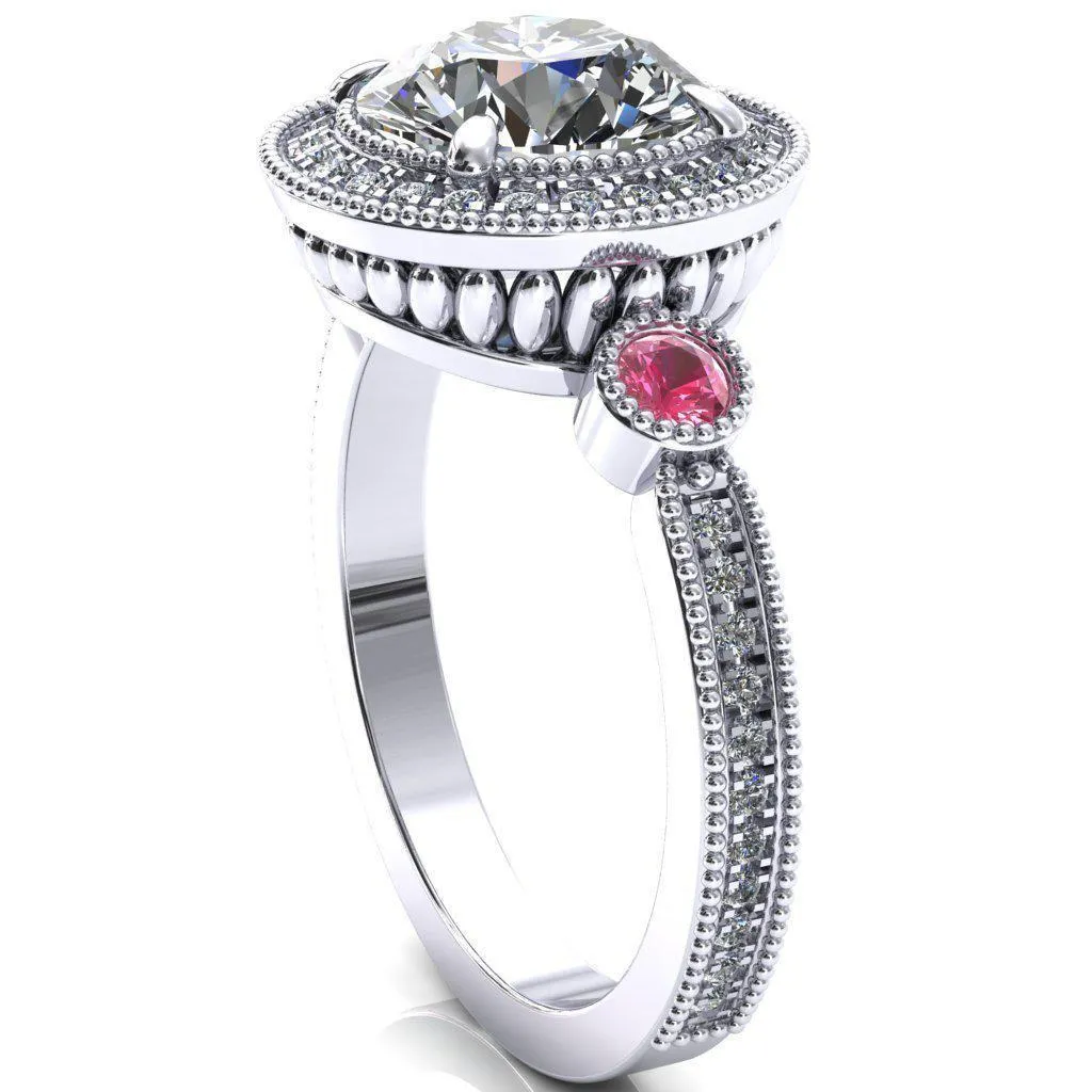 Brachium Round Center Stone Pink Sapphire Bezel Milgrain Halo 3/4 Eternity Accent Diamond Ring