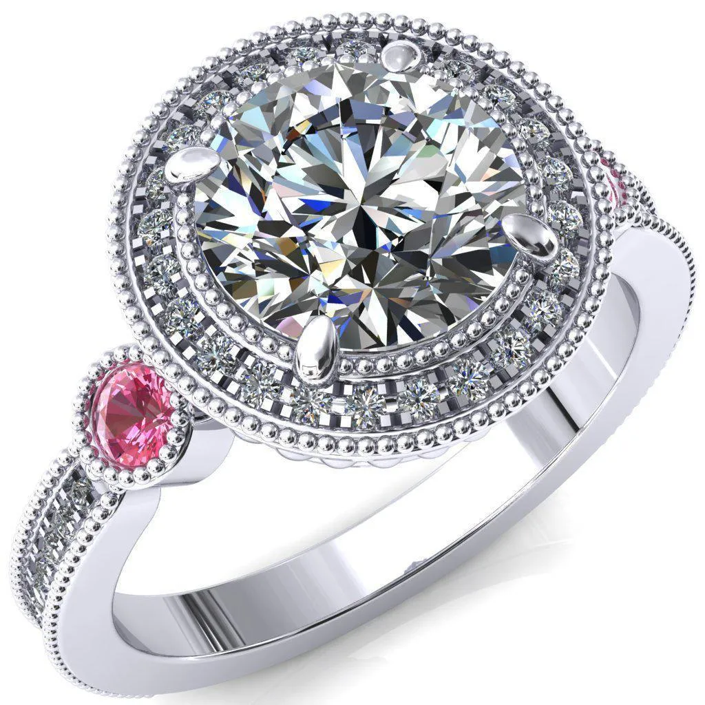 Brachium Round Center Stone Pink Sapphire Bezel Milgrain Halo 3/4 Eternity Accent Diamond Ring