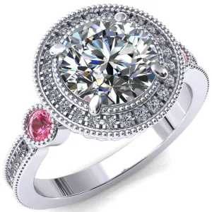 Brachium Round Center Stone Pink Sapphire Bezel Milgrain Halo 3/4 Eternity Accent Diamond Ring