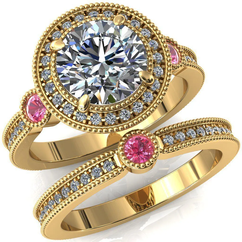 Brachium Round Center Stone Pink Sapphire Bezel Milgrain Halo 3/4 Eternity Accent Diamond Ring