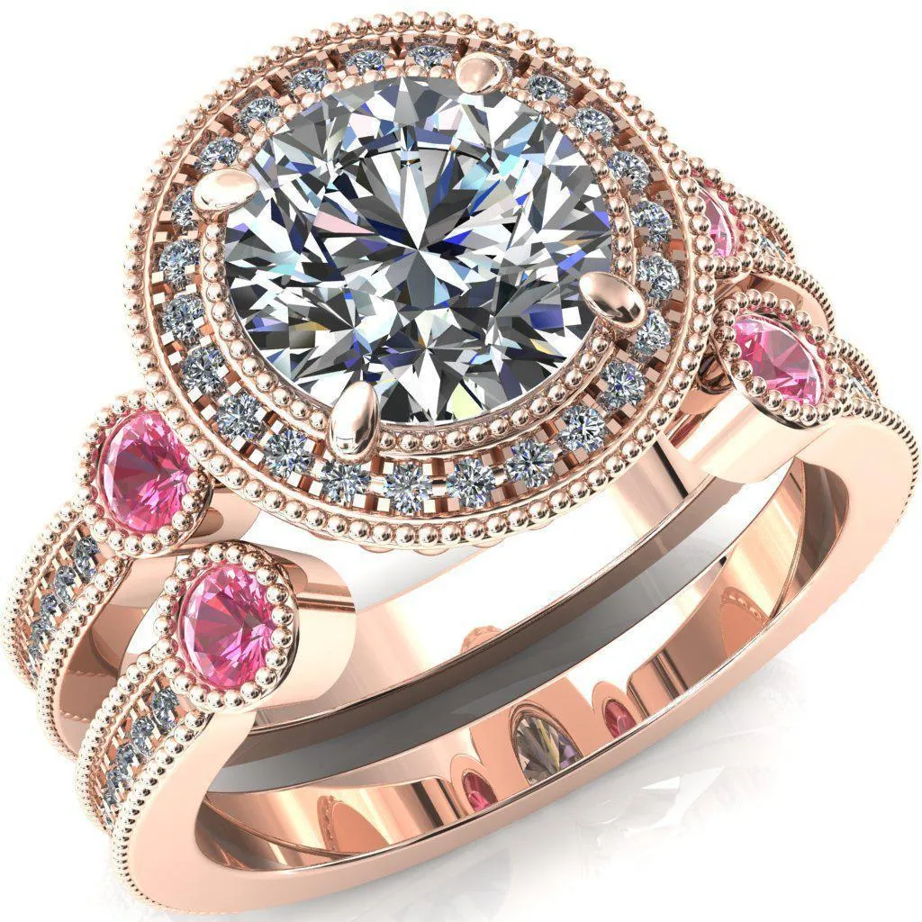 Brachium Round Center Stone Pink Sapphire Bezel Milgrain Halo 3/4 Eternity Accent Diamond Ring
