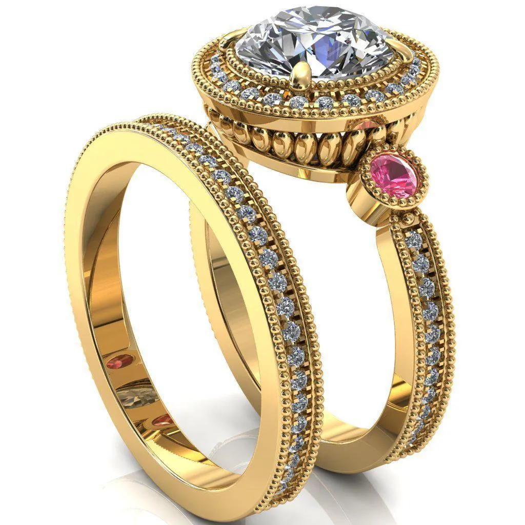 Brachium Round Center Stone Pink Sapphire Bezel Milgrain Halo 3/4 Eternity Accent Diamond Ring