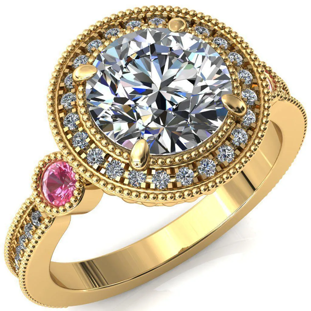 Brachium Round Center Stone Pink Sapphire Bezel Milgrain Halo 3/4 Eternity Accent Diamond Ring