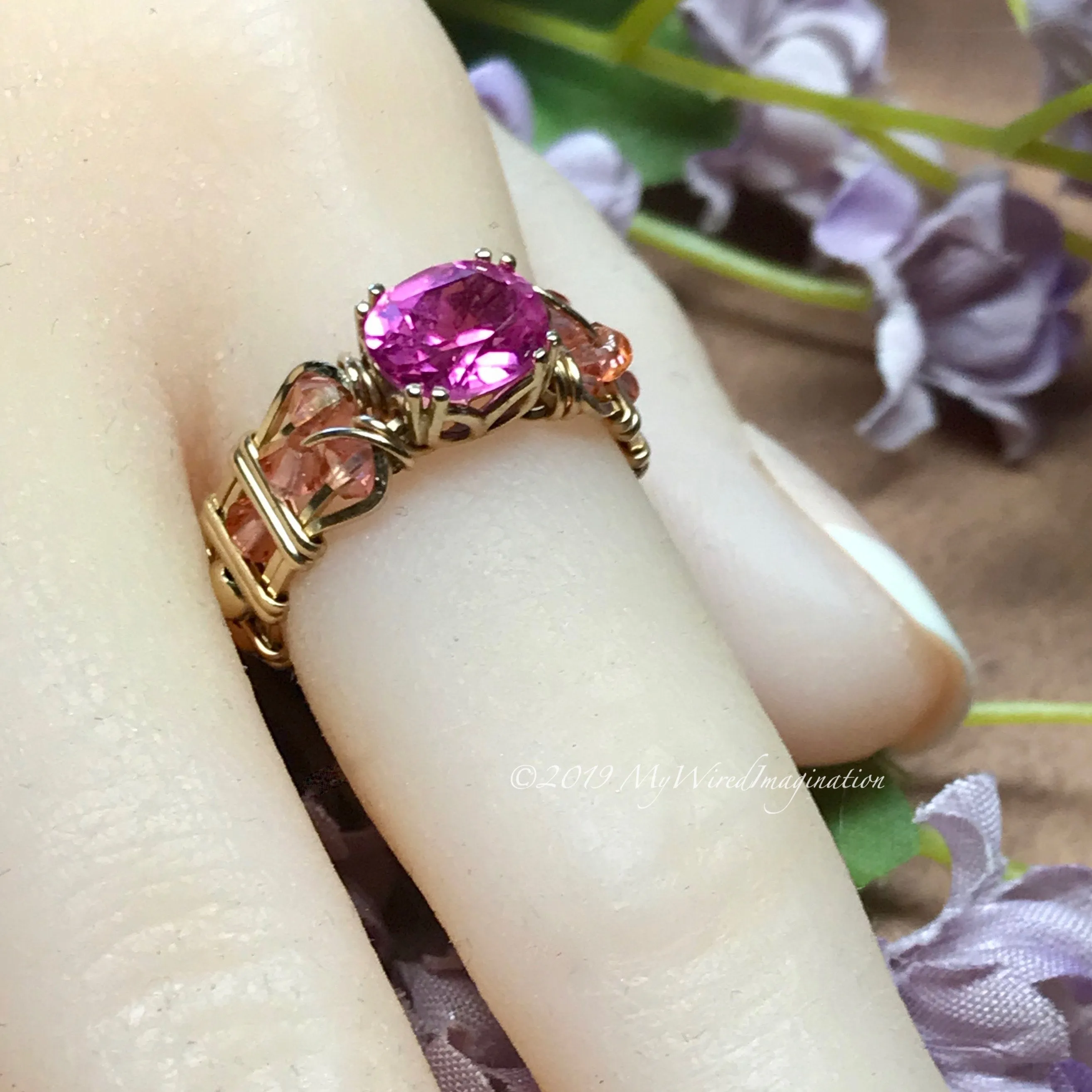 Bright Pink Sapphire Handmade Ring, Lab Created Pink Sapphire in 14K Gold US Size 5.5