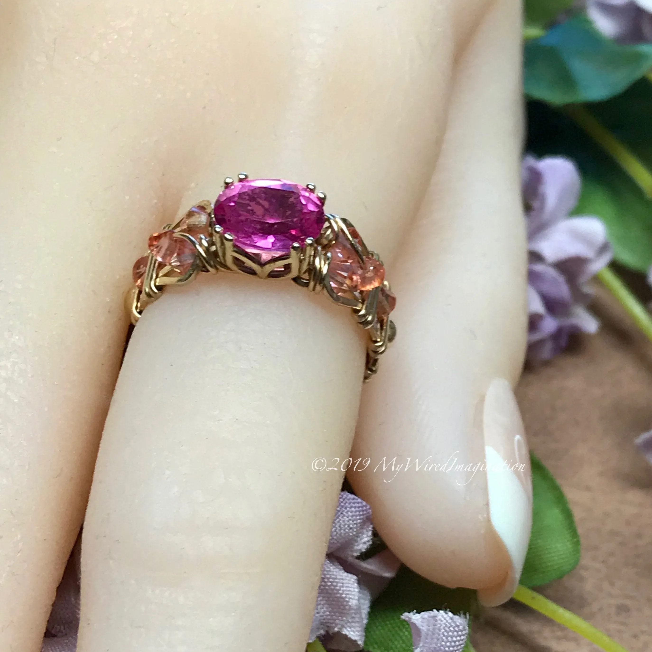 Bright Pink Sapphire Handmade Ring, Lab Created Pink Sapphire in 14K Gold US Size 5.5