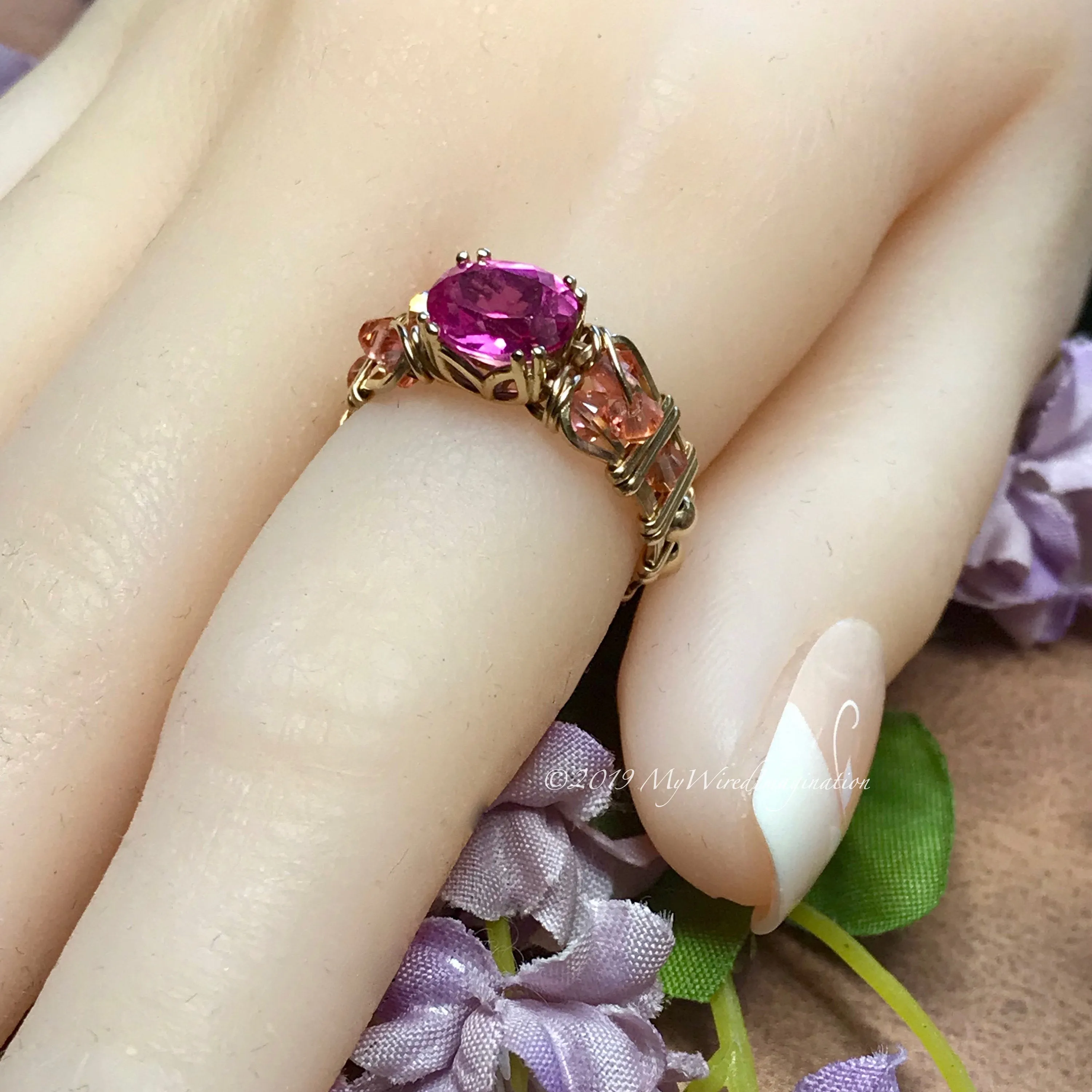 Bright Pink Sapphire Handmade Ring, Lab Created Pink Sapphire in 14K Gold US Size 5.5