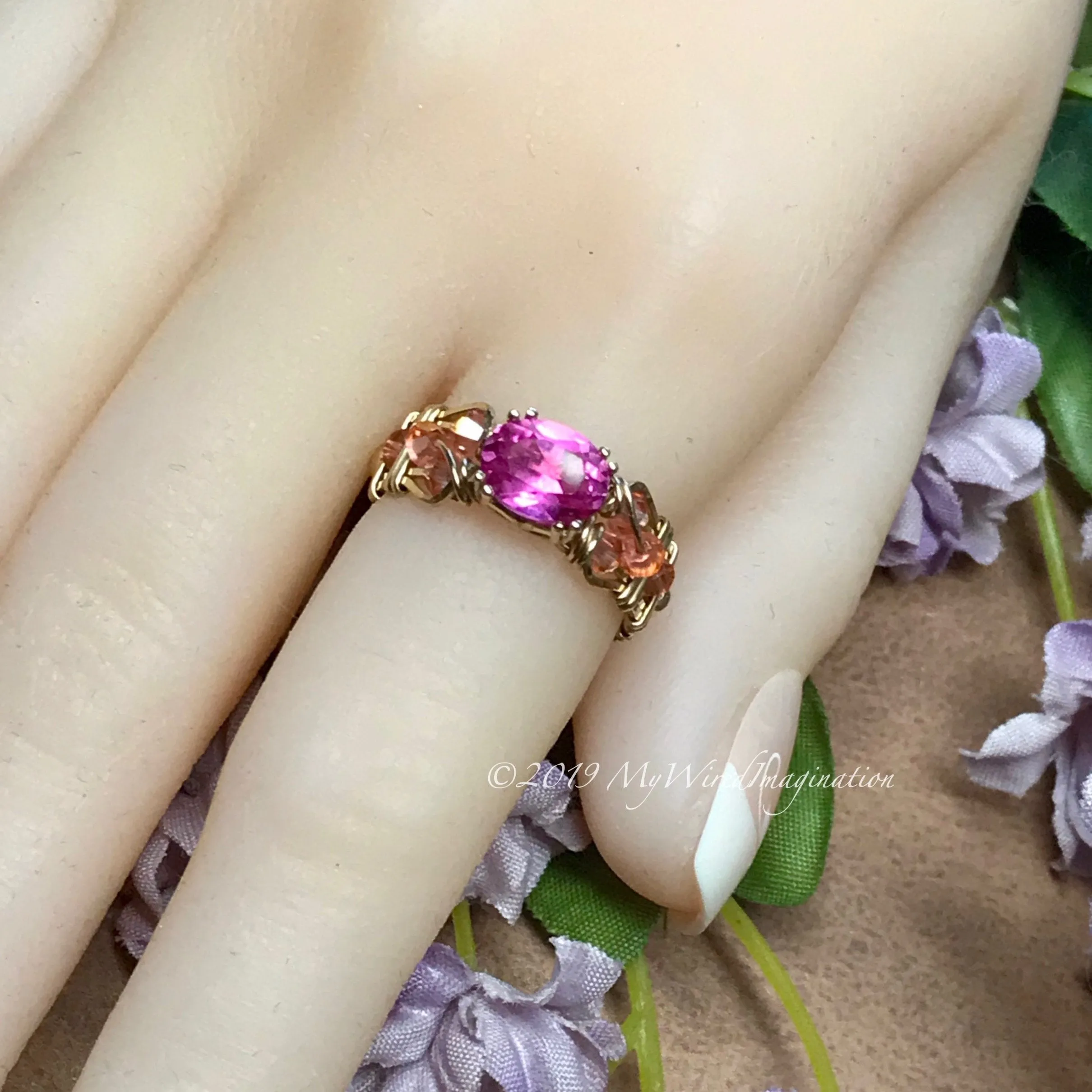 Bright Pink Sapphire Handmade Ring, Lab Created Pink Sapphire in 14K Gold US Size 5.5